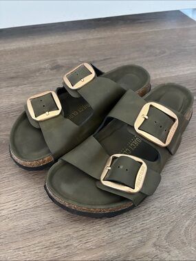 Project Cloud Santorini Olive Green Leather Double-Buckle Slide Flat Sandals